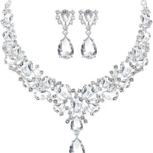Hicarer Bridal Teardrop Cluster Crystal Jewelry Set for Women Necklace Earrings Wedding