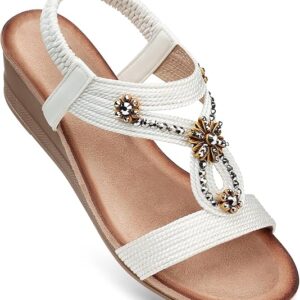SHIBEVER Womens Wedge Sandals Flower Low Heel Dressy