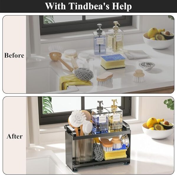,SpTindbea Double Layer Kitchen Caddy Sink Organizer with Brush Holder & Drain Trayonge Holder