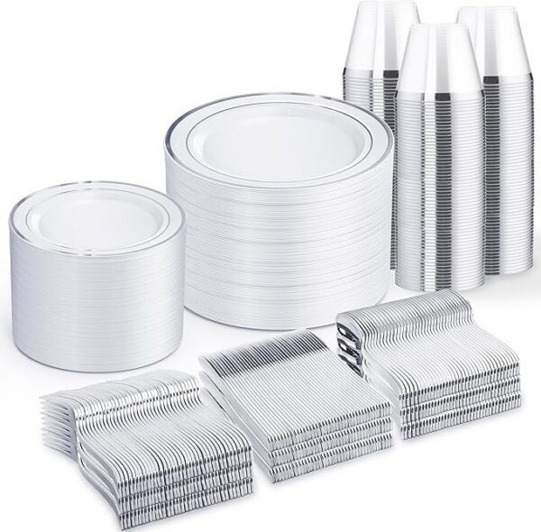 WELLIFE 600 PCS Silver Disposable Dinnerware Set for 100 Guests